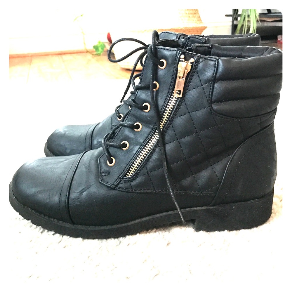 Black Combat Boots with Gold Zipper